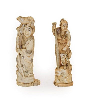 Lot 459 - Two Meiji period Japanese ivory Okimonos, one of a fisherman 19.5cm, the other Lui Hai and the toad