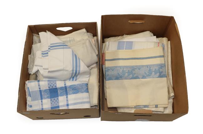 Lot 2006 - Assorted Linen Cloths, Table Linen, Cream Damask Table Cloths etc (two boxes)