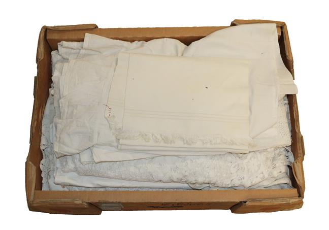 Lot 2007 - Box of Assorted White Linens and Textiles, comprising embroidered valance, table cloths and...