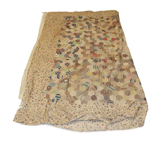 Lot 2010 - Mid 19th Century Bed Cover with Hexagonal Patches, comprising decorative printed cottons in...