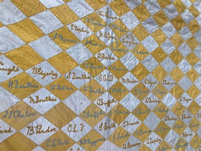 Lot 2017 - A Late 19th Century Decorative Signature Quilt, comprising yellow and white cotton diamond...
