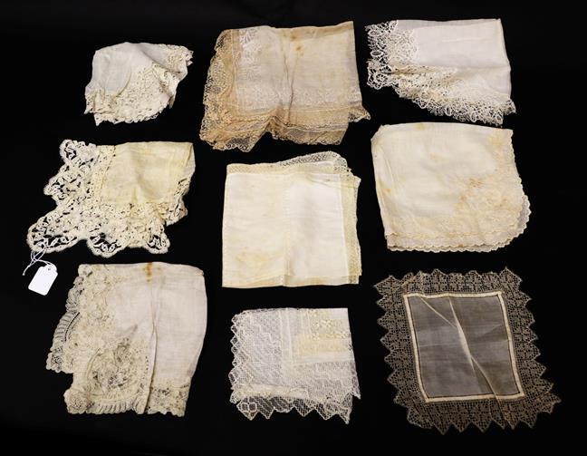 Lot 2033 - Nine Assorted White Cotton and Silk 19th Century and Later Handkerchiefs, with lace trims in...