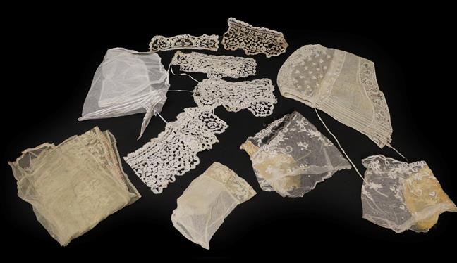 Lot 2034 - Assorted 19th Century and Later Lace Trimmed Costume Accessories, comprising a net cap with...