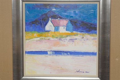 Lot 1030 - John Lowrie Morrison (b.1948)  Scottish coastal scene with a cottage and mountains	 Signed...