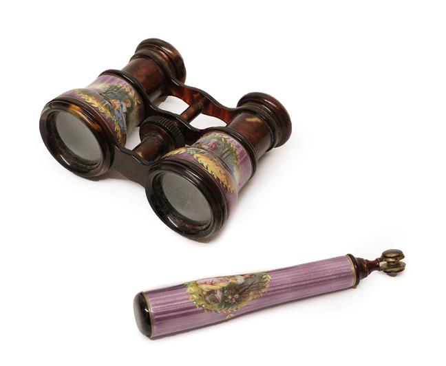 Lot 2042 - Pair of 19th Century Opera Glasses, mounted with purple enamel and painted with two figures in 18th