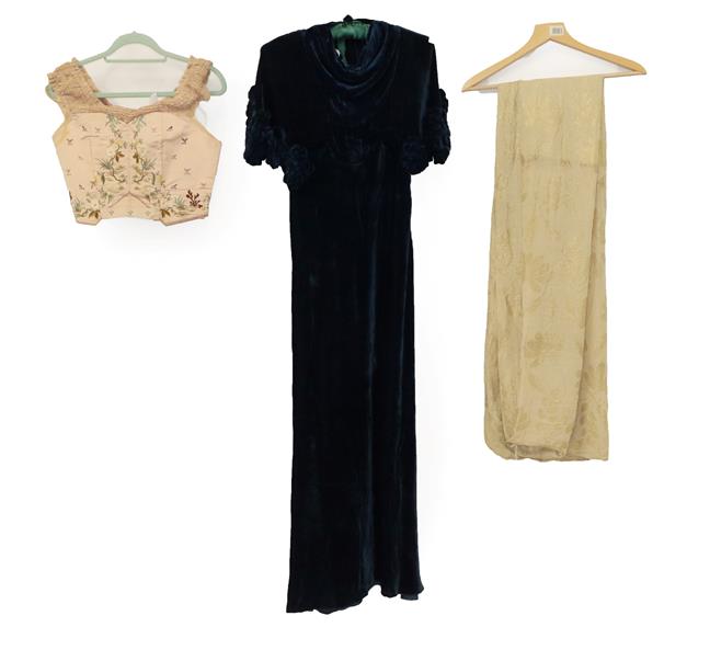 Lot 2046 - Circa 1930s Blue Velvet Evening Dress, sleeveless and full length with an attached 'shawl' with...