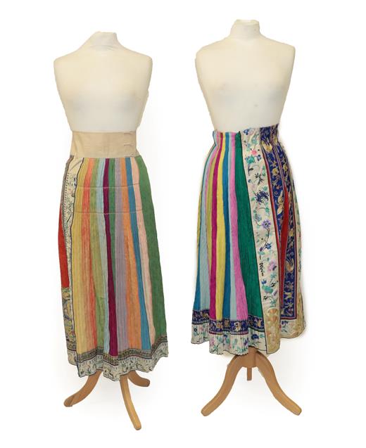 Lot 2050 - An Early 20th Century Chinese Embroidered Silk Skirt Panel, in figured silk of yellow, red,...