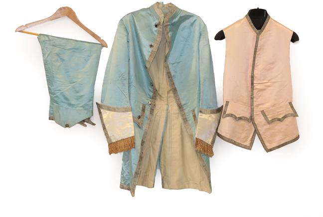 Lot 2055 - A 19th Century Gentleman's Pale Blue Silk Suit, in the 18th century style comprising a jacket...