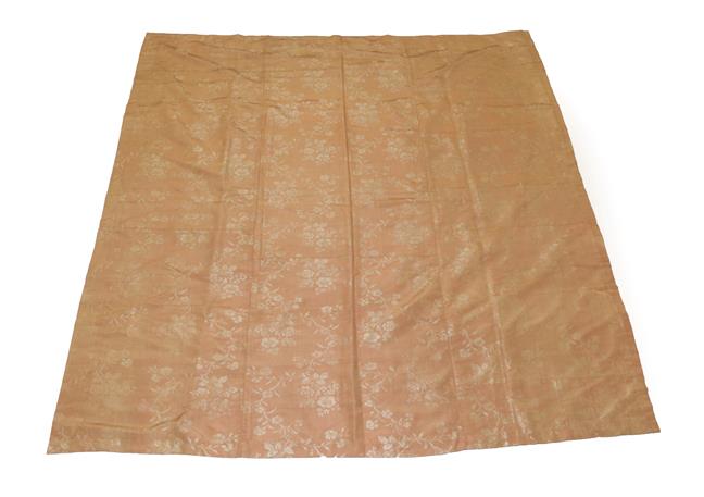Lot 2061 - Circa 1760 Pieced Coverlet of Pink Silk Brocade, woven with scrolling flowers, later pale peach...