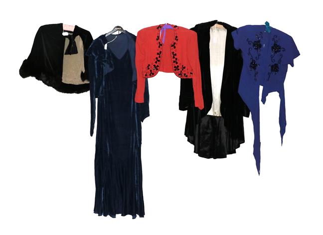 Lot 2070 - Early 20th Century Ladies' Clothing, including a blue velvet 1930s sleeveless long dress,  with...