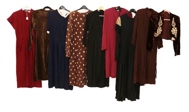 Lot 2072 - Circa 1940s and Later Ladies' Crepe and Other Dresses, comprising a brown woven long sleeved dress
