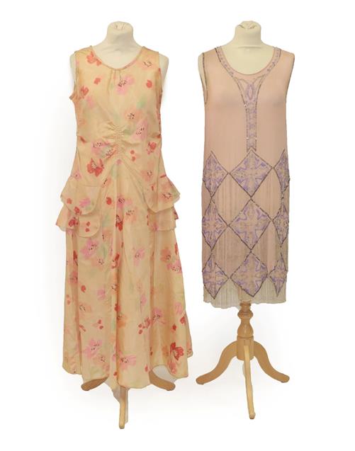 Lot 2074 - Circa 1920sPale Pink Crepe Sleeveless Flapper Dress, with scooped neckline, appliquéd with...