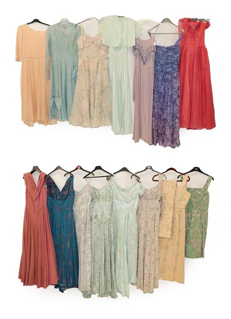 Lot 2088 - Assorted Circa 1950 and Later Evening Dresses, comprising a peach lace mounted dress with...