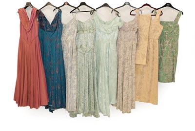 Lot 2088 - Assorted Circa 1950 and Later Evening Dresses, comprising a peach lace mounted dress with...