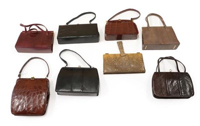 Lot 2108 - Circa 1930 and Later Leather Ladies' Handbags, comprising a brown snakeskin clutch with suede...