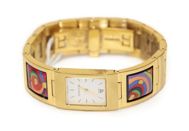 Lot 2119 - A Stainless Steel Enamel Wristwatch, by Frey Wille, the rectangular face flanked by two square...