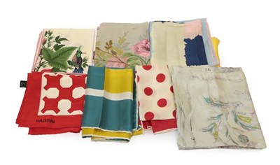 Lot 2126 - Assorted Circa 1950 and Later Silk Scarves, comprising two Swiss scarves on grey and cream...
