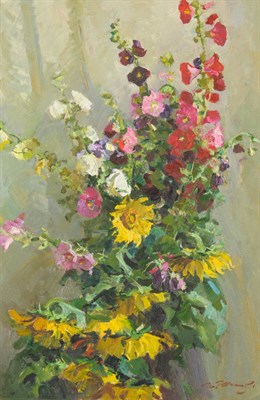 Lot 1039 - Anatoly Shapovalov (b.1949) Russian Sunflowers and Digitalis Signed in Cyrillic (lower right),...