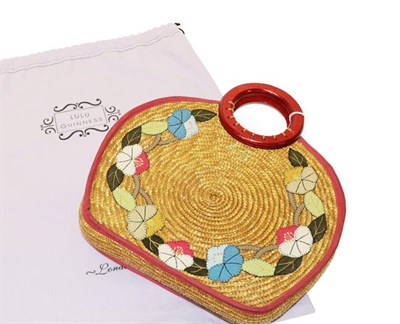 Lot 2129 - Lulu Guinness Straw Work Hand Bag, with circular wooden handles, applique with a suede and felt...