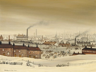 Lot 1042 - Brian Shields "Braaq" FBA (1951-1997)  Industrial town in winter Signed and dated (19)76, inscribed