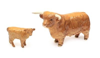 Lot 104 - Beswick Cattle Comprising: Highland Bull, model No. 2008 and Highland Calf, model No. 1827D,...
