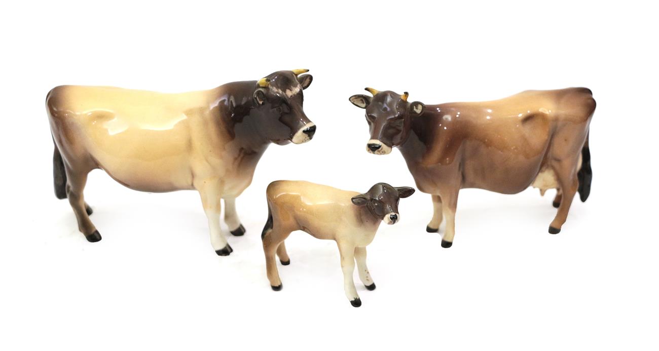 Lot 105 - Beswick Cattle Comprising: Jersey Bull Ch. ''Dunsley Coy Boy'', model No. 1422, Jersey Cow Ch....