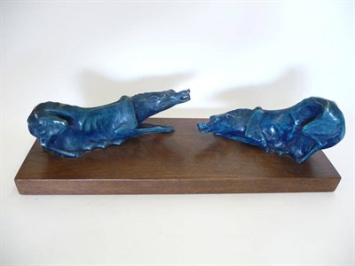 Lot 1052 - Dmitry Nikitovich Tugarinov (b.1955) Moscow Fighting Dogs Blue patina bronze, signed D...