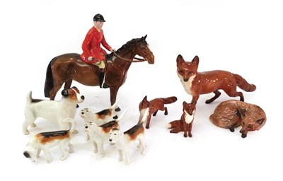 Lot 115 - Beswick Hunting Group Comprising; Huntsman (Style Two: Standing), model No. 1501, a large fox,...