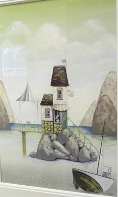 Lot 1056 - Gary Walton (b.1962)  A stylised building on rocks and boat on a beach Signed, watercolour,...