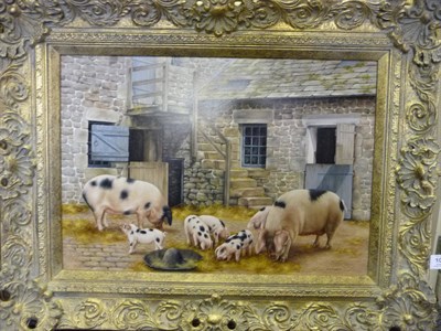 Lot 1058 - Carl Andrew Whitfield (b.1958) Gloucestershire Old Spots in a farmyard Signed, oil on board,...