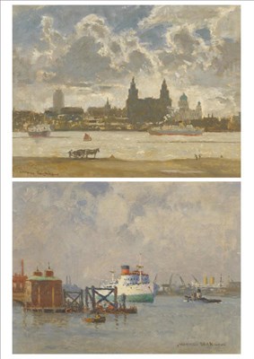 Lot 1059 - Norman Wilkinson CBE, PRI, ROI, RSMA, HRWS (1878-1971)  Shipping in a harbour, figures...