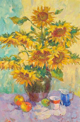 Lot 1062 - Mikhail Zharov (b.1974) Ukranian "Sunflowers" Signed, oil on canvas, inscribed to verso and...