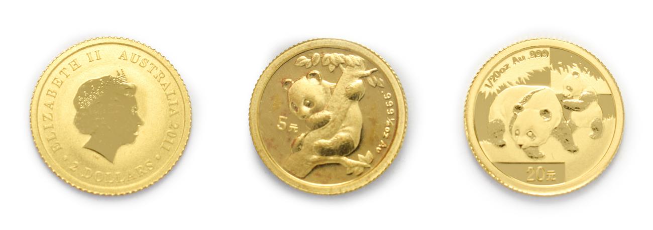 Lot 4068 - China, 2 x Gold Panda Coins consisting of: 1996 gold 5 yuan. 1.55g of 24ct (.999 gold). Obv: Temple