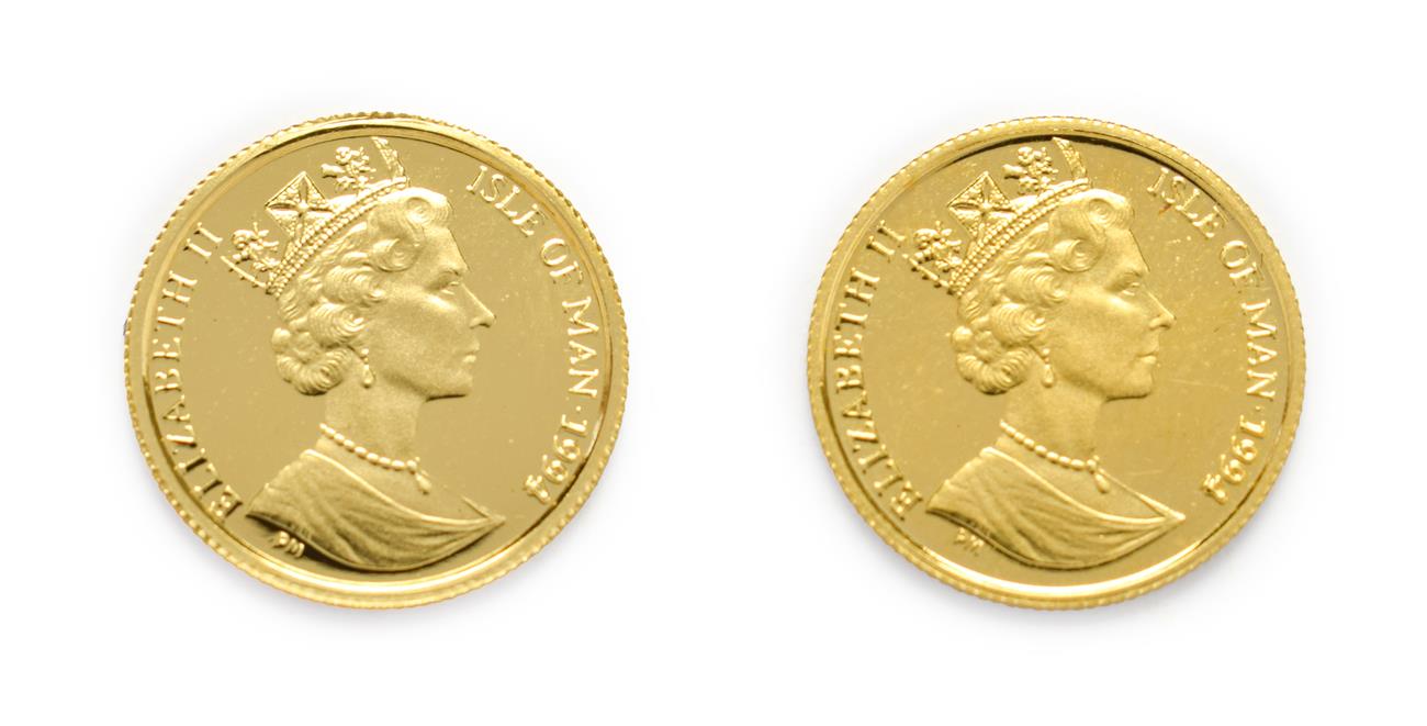 Lot 4071 - Isle of Man, 2 x 1994 Gold  1/20 Angel. Each coin 1.55g of 24ct (.999) gold. Obv: Portrait of...