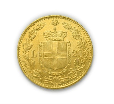 Lot 4073 - Italy, Umberto I (1878 - 1900), 1882 R Twenty Lire. 6.45g of .900 gold. Rome mint. Obv: Bare...