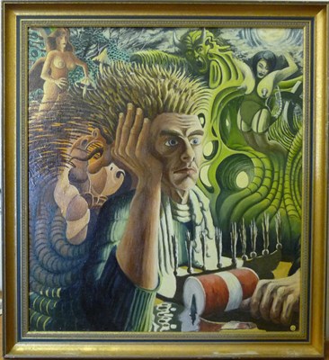 Lot 1063 - 20th century  Male with spiky hair Oil on board, monogrammed AW, 71cm by 63.cm