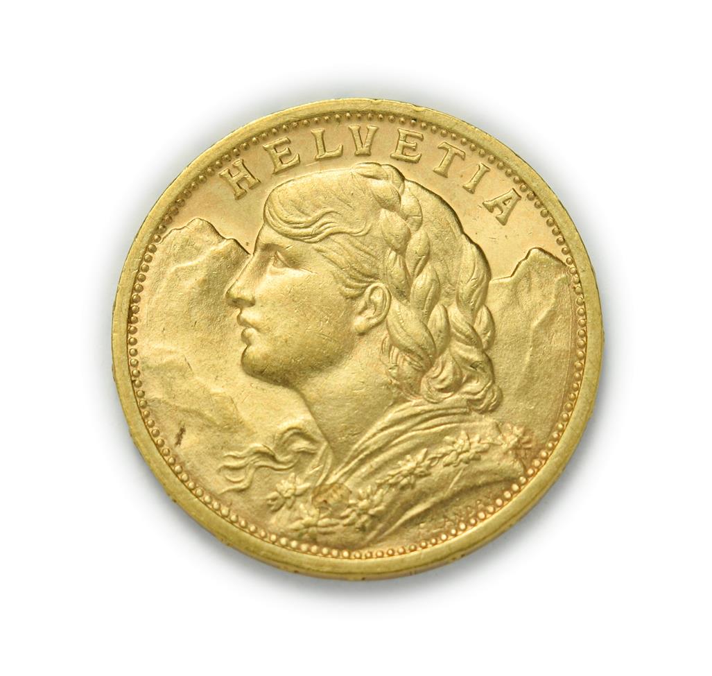 Lot 4081 - Switzerland, 1908 B Twenty Francs. 6.45g of .900 gold. Bern mint. Obv: Bust of young woman from...