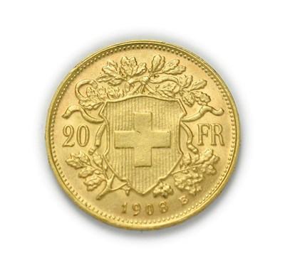 Lot 4081 - Switzerland, 1908 B Twenty Francs. 6.45g of .900 gold. Bern mint. Obv: Bust of young woman from...