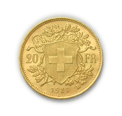 Lot 4083 - Switzerland, 1930 B Twenty Francs. 6.45g of .900 gold. Bern mint. Obv: Bust of young woman from...