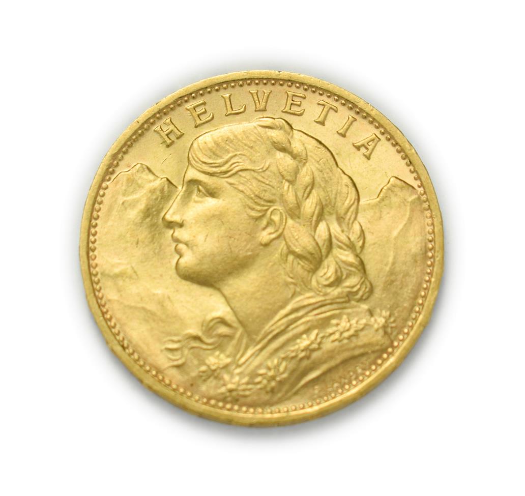 Lot 4084 - Switzerland, 1930 B Twenty Francs. 6.45g of .900 gold. Bern mint. Obv: Bust of young woman from...