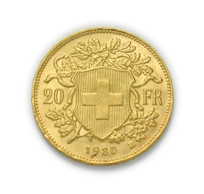Lot 4084 - Switzerland, 1930 B Twenty Francs. 6.45g of .900 gold. Bern mint. Obv: Bust of young woman from...