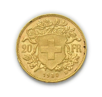 Lot 4085 - Switzerland, 1930 B Twenty Francs. 6.45g of .900 gold. Bern mint. Obv: Bust of young woman from...