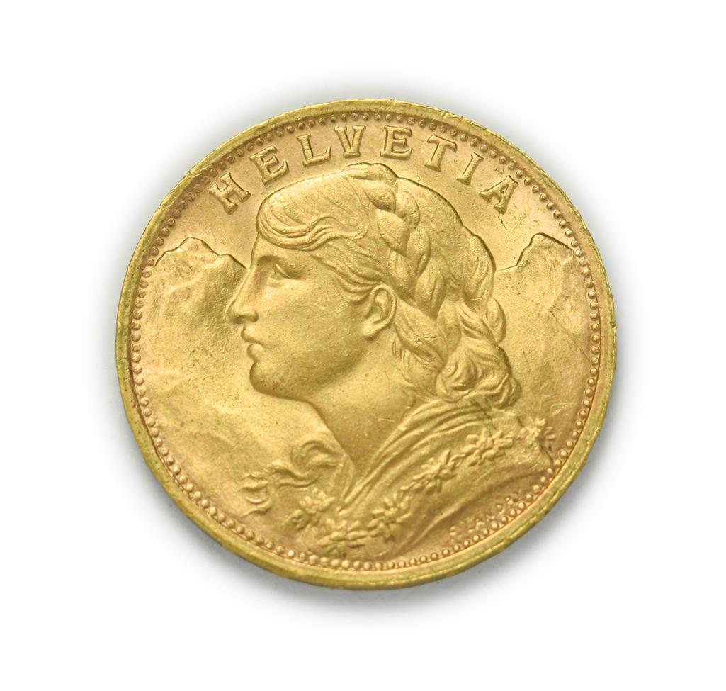 Lot 4086 - Switzerland, 1947 B Twenty Francs. 6.45g of .900 gold. Bern mint. Obv: Bust of young woman from...