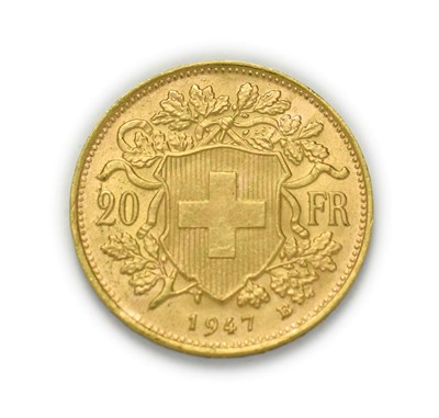 Lot 4086 - Switzerland, 1947 B Twenty Francs. 6.45g of .900 gold. Bern mint. Obv: Bust of young woman from...