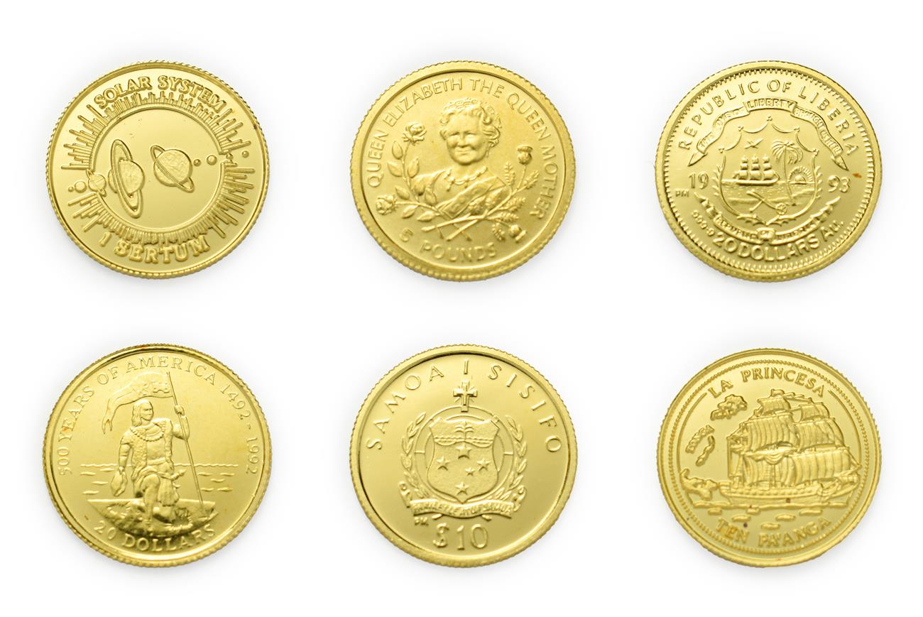 Lot 4092 - A Collection of 6 x World Gold Coins consisting of: Guernsey, 1998 gold 5 pounds. 1.24g .999...