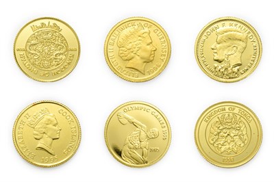 Lot 4092 - A Collection of 6 x World Gold Coins consisting of: Guernsey, 1998 gold 5 pounds. 1.24g .999...
