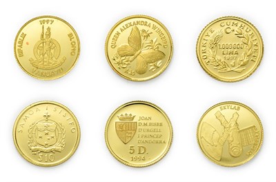 Lot 4093 - A Collection of 6 x World Gold Coins consisting of: Maldives, gold proof fifty rufiyaa. 1.24g...