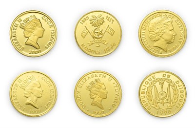 Lot 4094 - A Collection of 6 x World Gold Coins consisting of: Maldives, 1995 gold proof 50 rufiyaa. 1.24g...