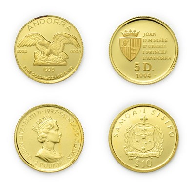 Lot 4097 - A Collection of 4 x World Gold Coins consisting of: Andorra, 1994 gold proof 5 diners. 1.55g...