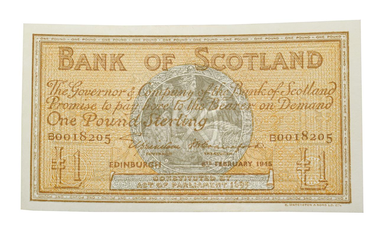 Lot 4118 - Scotland, Bank of Scotland 1945 One Pound, Lord Elphinstone & J. B. Crawford signatures, Serial...